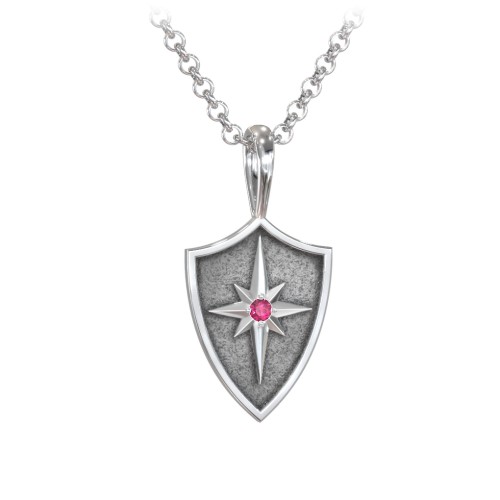 Men's Starburst Hero Shield Pendant with Gemstone – Sterling Silver with Ruby