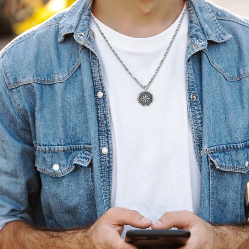 Men's Engravable Compass Necklace with Gemstone