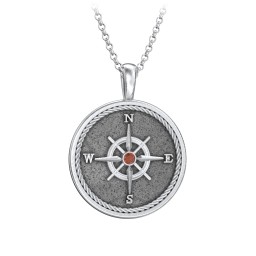 Men's Engravable Compass Necklace with Gemstone in 925 Sterling Silver with Garnet