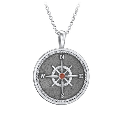 Men's Engravable Compass Necklace with Gemstone – Sterling Silver with Garnet