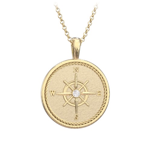 Men's Engravable Compass Necklace with Gemstone – 10K Yellow Gold with Cubic Zirconia