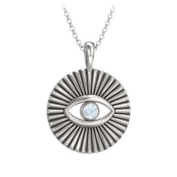 Men's Evil Eye Disc Necklace with Gemstone in 925 Sterling Silver with Aquamarine