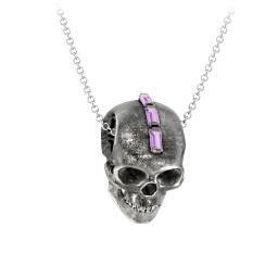 Men's Skull Necklace with Baguette Gemstone Mohawk in 925 Sterling Silver with Amethyst