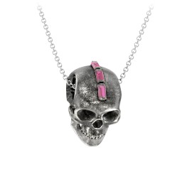 Men's Skull Necklace with Baguette Gemstone Mohawk in 925 Sterling Silver with Ruby