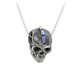 Men's Skull Necklace with Baguette Gemstone Mohawk in 925 Sterling Silver with Blue Sapphire, Blue Topaz, and Cubic Zirconia
