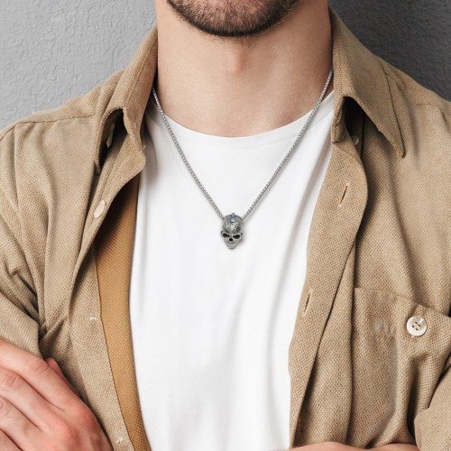 Men's Skull Necklace with Baguette Gemstone Mohawk – Sterling Silver with Blue Sapphire, Blue Topaz, and Cubic Zirconia