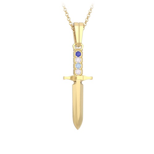 Men's Engravable Dagger Necklace with Gemstones – 10K Yellow Gold with Blue Sapphire, Cubic Zirconia, and Blue Topaz