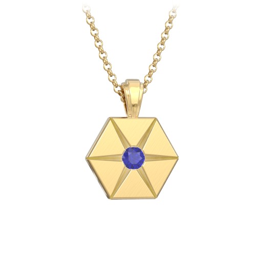 Men's Engravable Starburst Hexagon Necklace with Gemstone – 10K Yellow Gold with Blue Sapphire