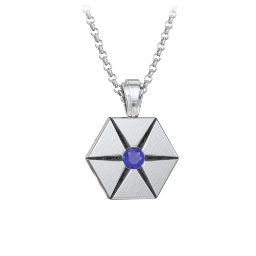 Men's Engravable Starburst Hexagon Necklace with Gemstone – Sterling Silver with Blue Sapphire