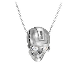Men's Engravable Skull Necklace with Gemstone Eyes in 925 Sterling Silver with Diamond
