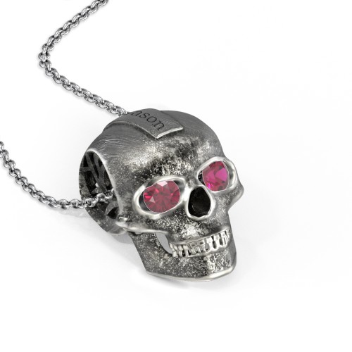 Men's Engravable Skull Necklace with Gemstone Eyes