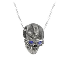 Men's Engravable Skull Necklace with Gemstone Eyes in 925 Sterling Silver with Blue Sapphire