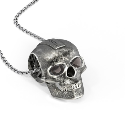 Men's Engravable Skull Necklace with Gemstone Eyes – Sterling Silver with Smokey Quartz
