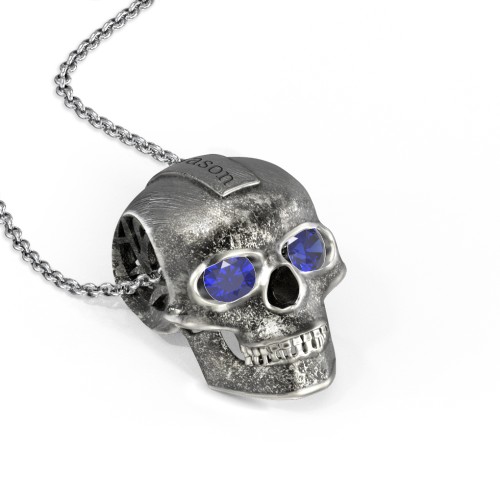 Men's Engravable Skull Necklace with Gemstone Eyes – Sterling Silver with Blue Sapphire