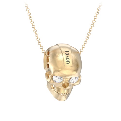 Men's Engravable Skull Necklace with Gemstone Eyes – 10K Yellow Gold with Cubic Zirconia