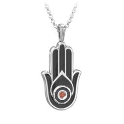 Men's Engravable Hamsa Gemstone Necklace with Cold Enamel in 925 Sterling Silver with Garnet
