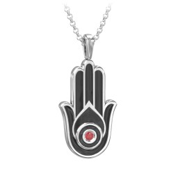 Men's Engravable Hamsa Gemstone Necklace with Cold Enamel in 925 Sterling Silver with Garnet
