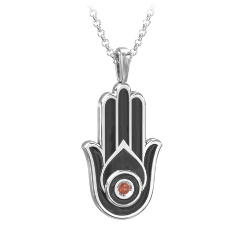 Men's Engravable Hamsa Gemstone Necklace with Cold Enamel – Sterling Silver with Garnet
