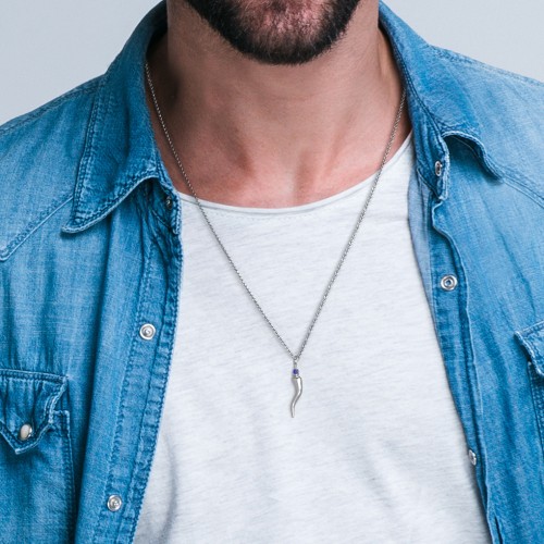 Men's Italian Horn Necklace with 2 Birthstones – 10K Yellow Gold with Garnet and Emerald