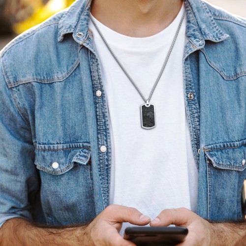 Men’s Engravable Stainless Steel Dog Tag Necklace with Carbon Fiber Inlay