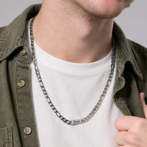 Men’s Figaro Chain with 1 Engravable Bar – Stainless Steel