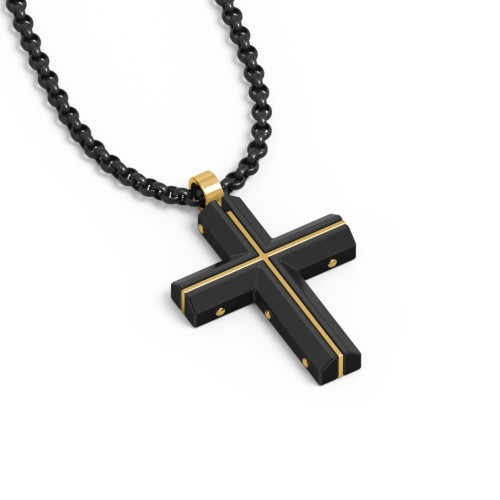 Engravable Black Steel Cross with Yellow Steel Detailing – Stainless Steel