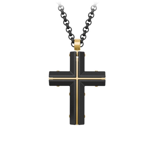 Engravable Black Steel Cross with Yellow Steel Detailing – Stainless Steel