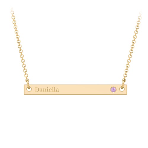 Birthstone Name Bar Pendant – 10K Yellow Gold with Amethyst