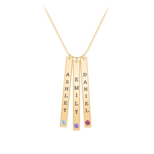 Multi Vertical Birthstone Bar Pendant - 3 Bar – 10K Yellow Gold with Blue Topaz, Amethyst, and Ruby