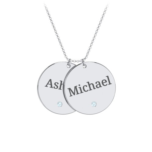 Engravable 2 Disc Pendant with Birthstone – Sterling Silver with Blue Topaz