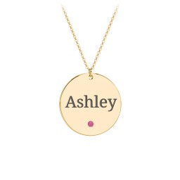 Engravable Disc Pendant with Birthstone in 18K Gold Plated Silver with Ruby, Amethyst Premium Zirconia, Blue Sapphire, and Blue Topaz