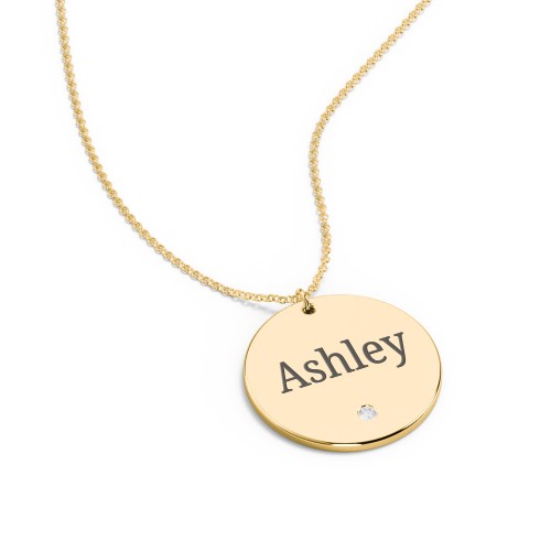 Engravable Disc Pendant with Birthstone – 18K Gold Plated Silver with Diamond
