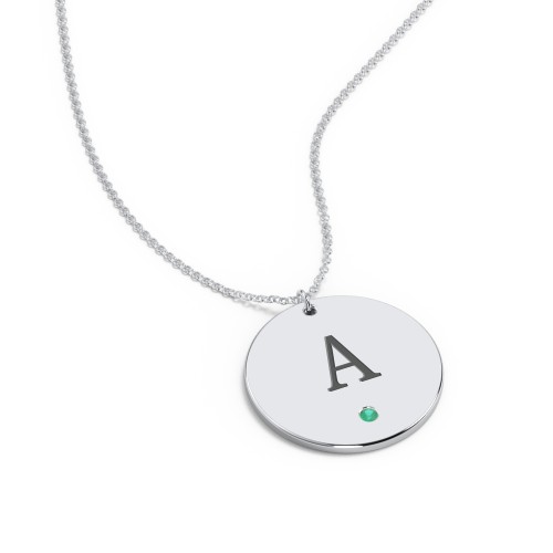 Engravable Disc Pendant with Birthstone – Sterling Silver with Emerald