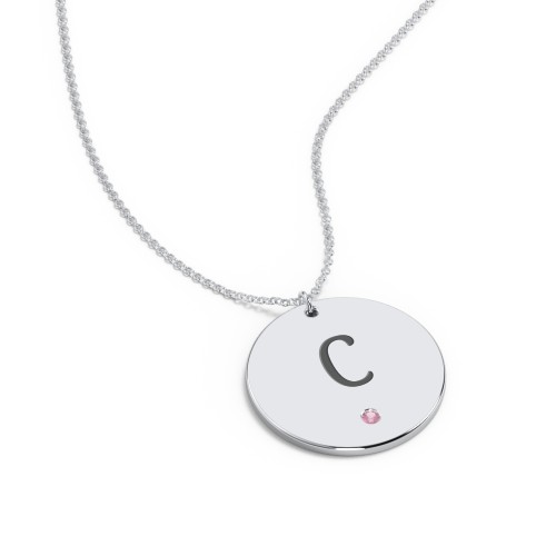 Engravable Disc Pendant with Birthstone – Sterling Silver with Pink Tourmaline