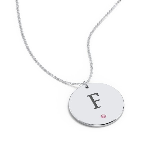 Engravable Disc Pendant with Birthstone – Sterling Silver with Pink Tourmaline