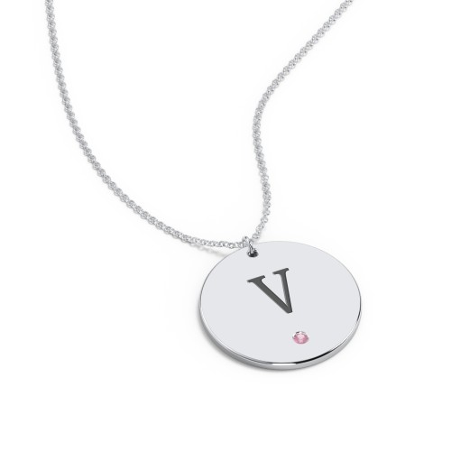 Engravable Disc Pendant with Birthstone – Sterling Silver with Pink Tourmaline