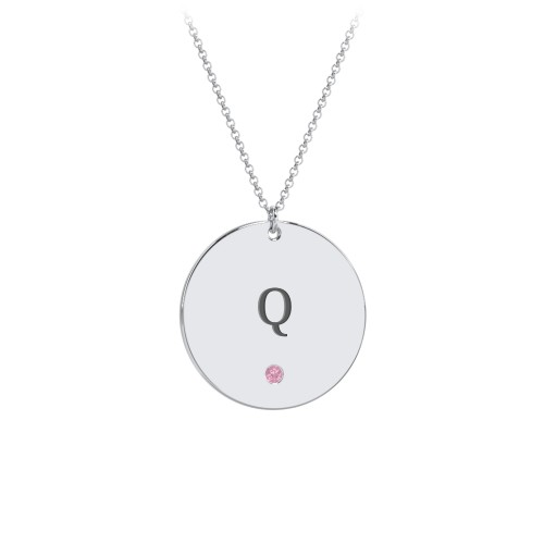 Engravable Disc Pendant with Birthstone – Sterling Silver with Pink Tourmaline