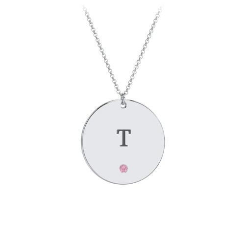 Engravable Disc Pendant with Birthstone – Sterling Silver with Pink Tourmaline