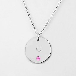 Birthstone C Initial Disc Pendant in 925 Sterling Silver with Pink Tourmaline