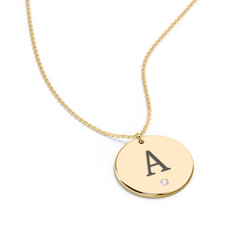Birthstone Initial Disc Pendant – 18K Gold Plated Silver with Pink Tourmaline