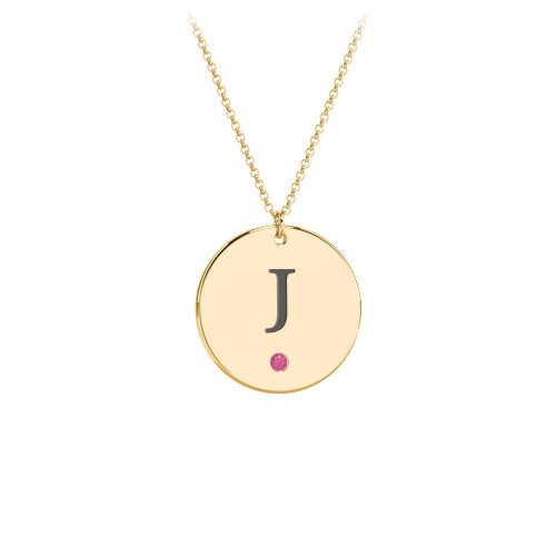 Birthstone Initial Disc Pendant – 18K Gold Plated Silver with Ruby