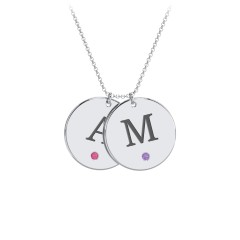 Birthstone Initial 2 Disc Pendant – Sterling Silver with Ruby and Amethyst