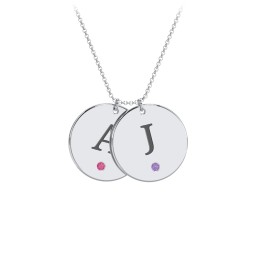 Birthstone Initial 2 Disc Pendant in 925 Sterling Silver