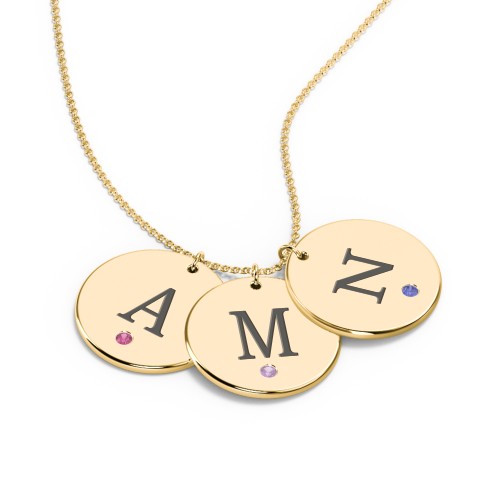 Birthstone Initial 3 Disc Pendant – 10K Yellow Gold with Ruby, Amethyst, and Blue Sapphire
