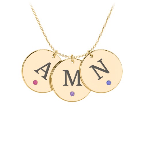 Birthstone Initial 3 Disc Pendant – 10K Yellow Gold with Ruby, Amethyst, and Blue Sapphire