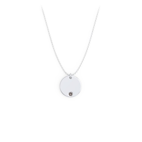 Engravable Disc Sorority Pendant with Birthstone – Sterling Silver with Smokey Quartz