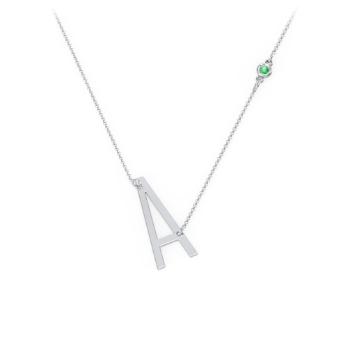 Asymmetrical Initial Necklace with Gemstone – Sterling Silver with Emerald