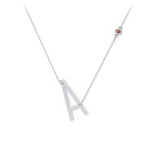 Asymmetrical Initial Necklace with Gemstone – Sterling Silver with Garnet