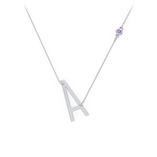 Asymmetrical Initial Necklace with Gemstone – Sterling Silver with Amethyst