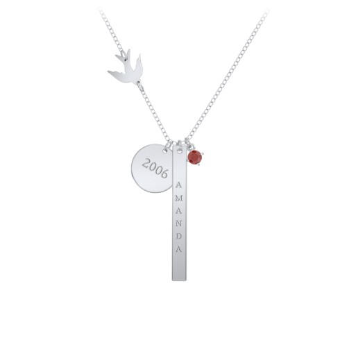Milestone Necklace with Bird Charm – Sterling Silver with Garnet